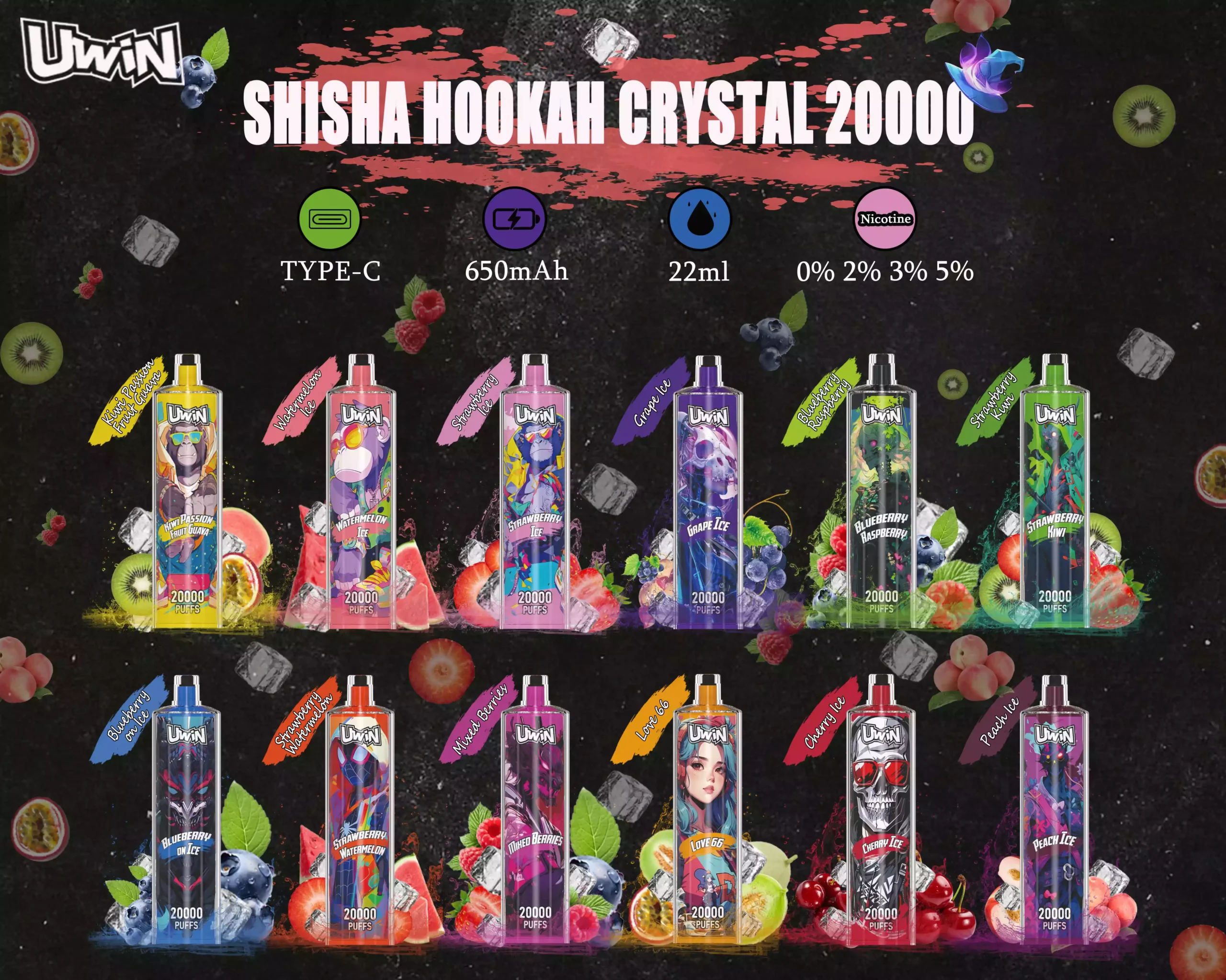 Uwin SHISHA HOOKAH Crystal 20000 Puffs Disposable Vape Long-Lasting Performance with 25mL E-Liquid