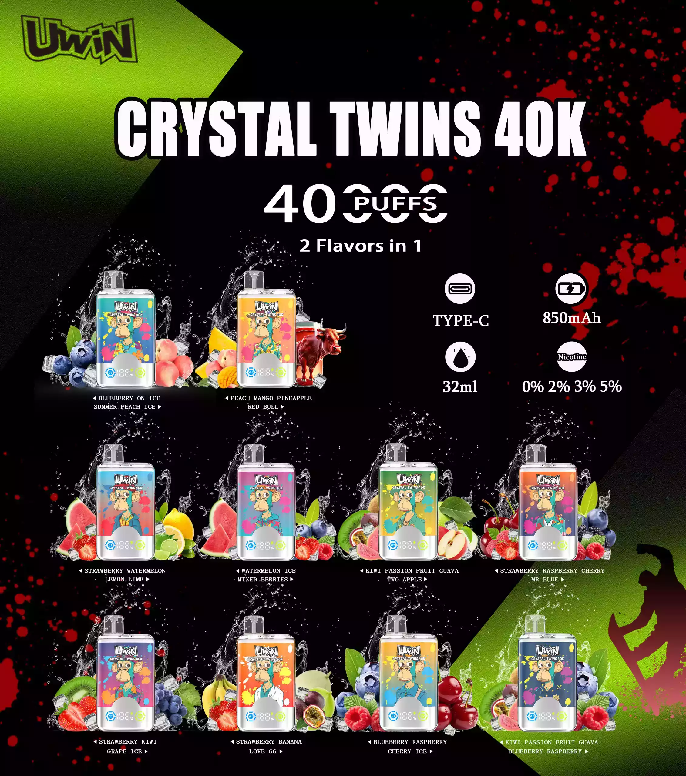 Uwin Twins Crystal 40000 Puffs Disposable Vape Powerful Long-Lasting Performance with 30mL E-Liquid