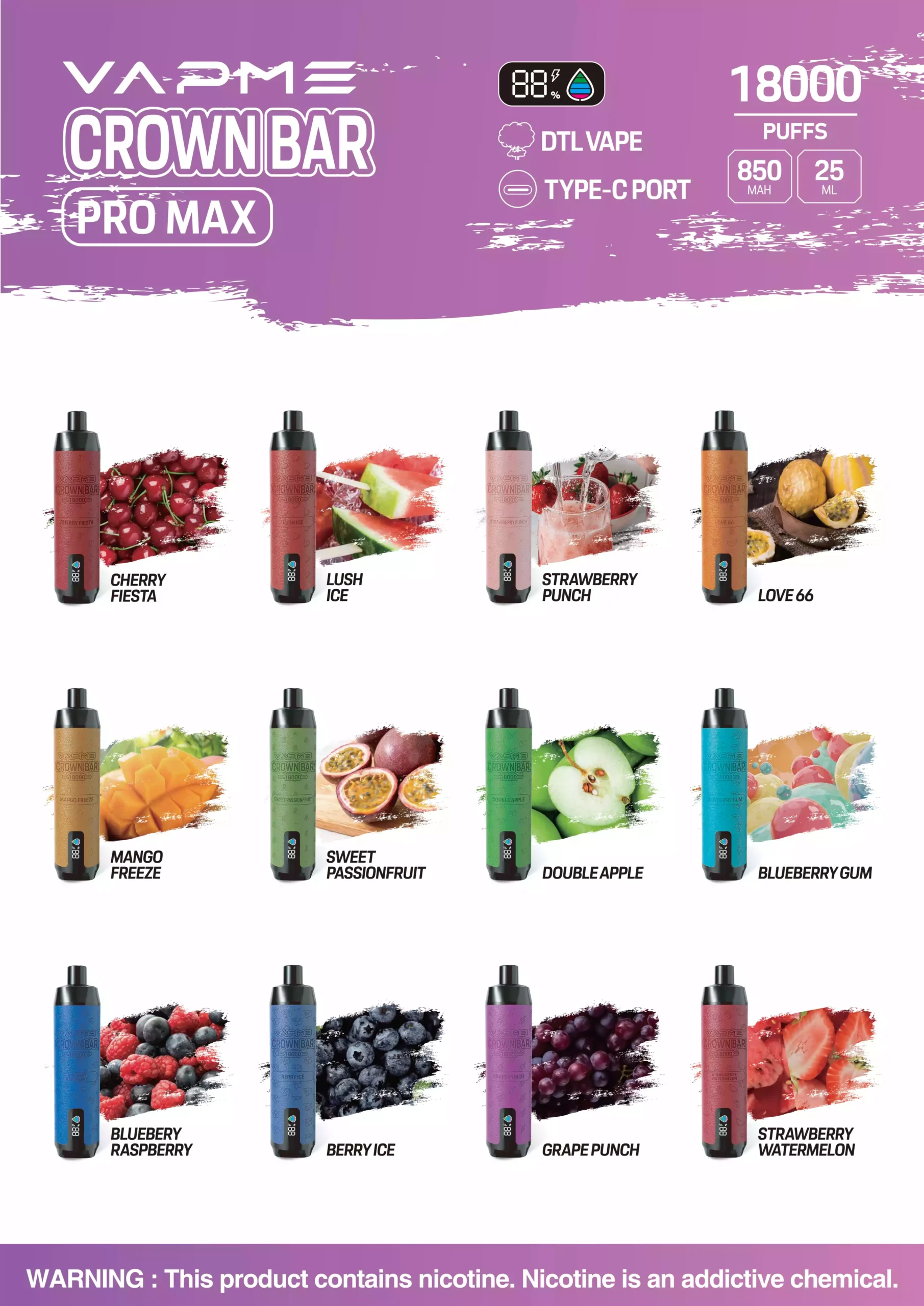 VAPME CROWN BAR PRO MAX 18000 Puffs Disposable Vape Long-Lasting Performance with 25mL E-Liquid