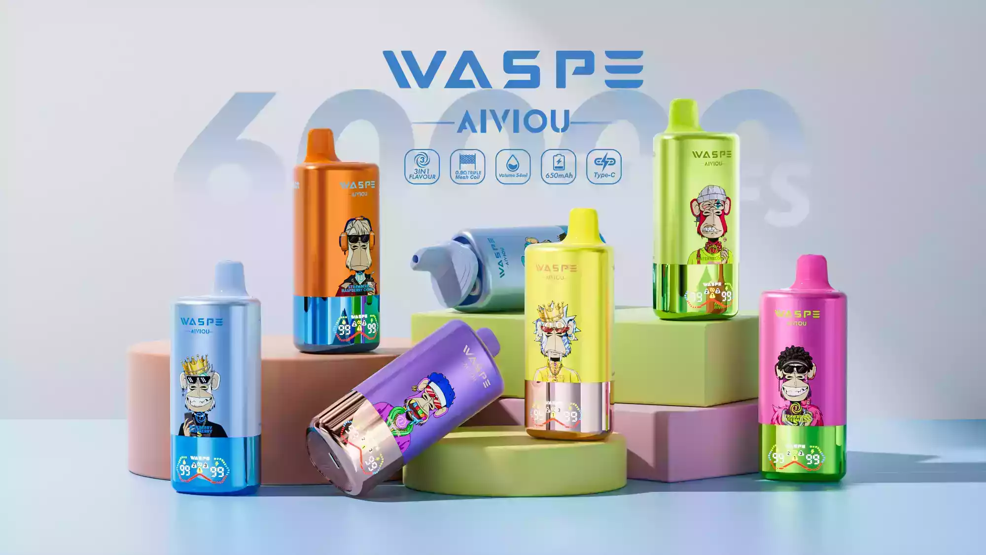 WASPE 3in1 60000 Puffs Tek Kullanımlık Vape 54mL E-Likit LED Ekran 850mAh Pil Mesh Coil