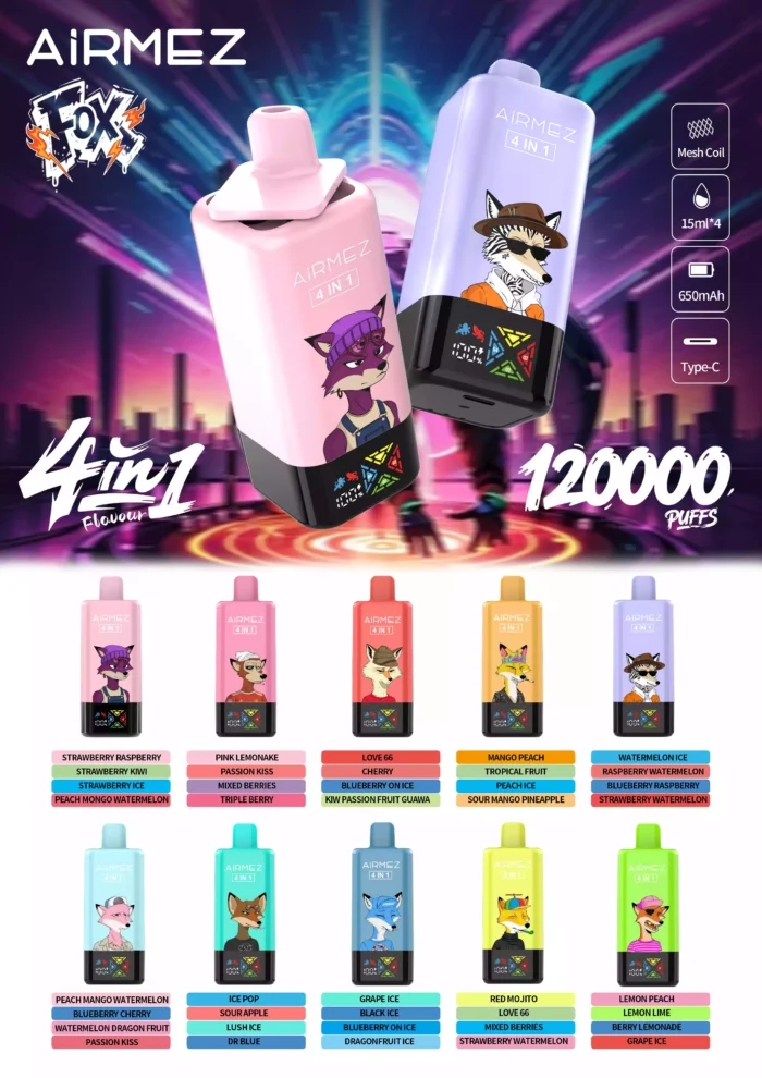 Airmez FOX4 IN1120000 Puffs Vape with 4 Flavours and USB-C Charging